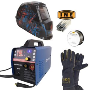 ARCMAX MAXMIG 135+ Maschera Auto-Oscurante KRAKEN PRO + Guanti in Crosta + Elettrodi + Filo No Gas